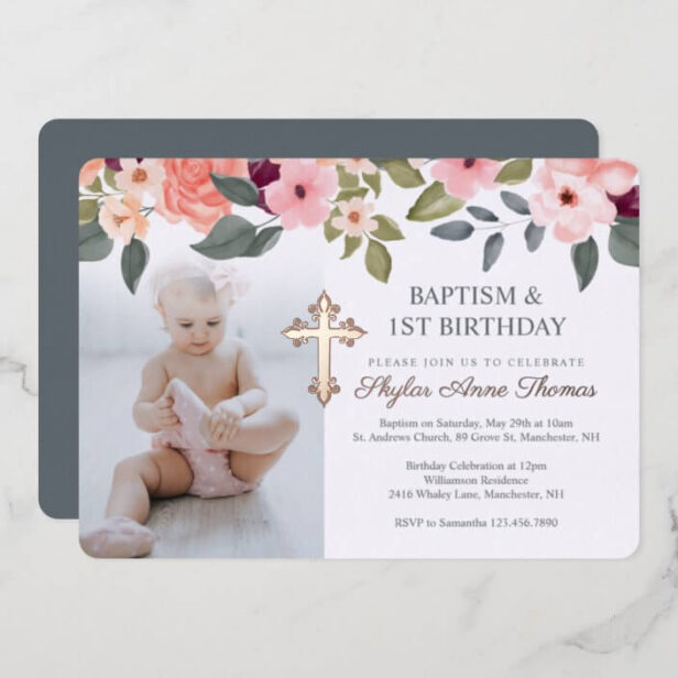 Baptism & 1st Birthday Watercolor Flowers Photo Rose Gold Foil Invitation