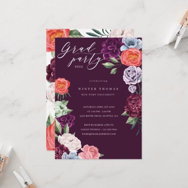 Chic Floral Peonies Rose Blossoms Graduation Burgundy Party Invitation