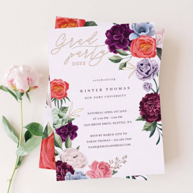 Chic Floral Peonies Rose Blossoms Graduation Party Rose Foil Invitation