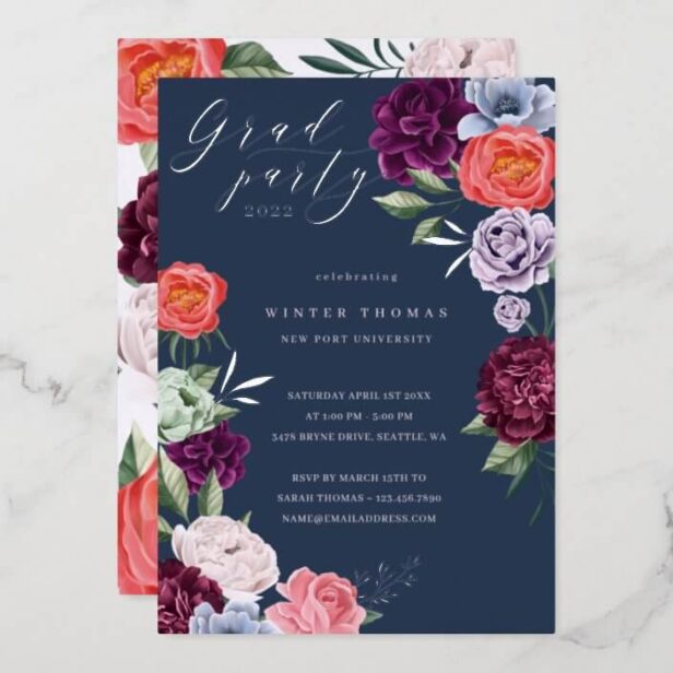 Chic Floral Peonies Rose Blossoms Graduation Party Silver Foil Invitation