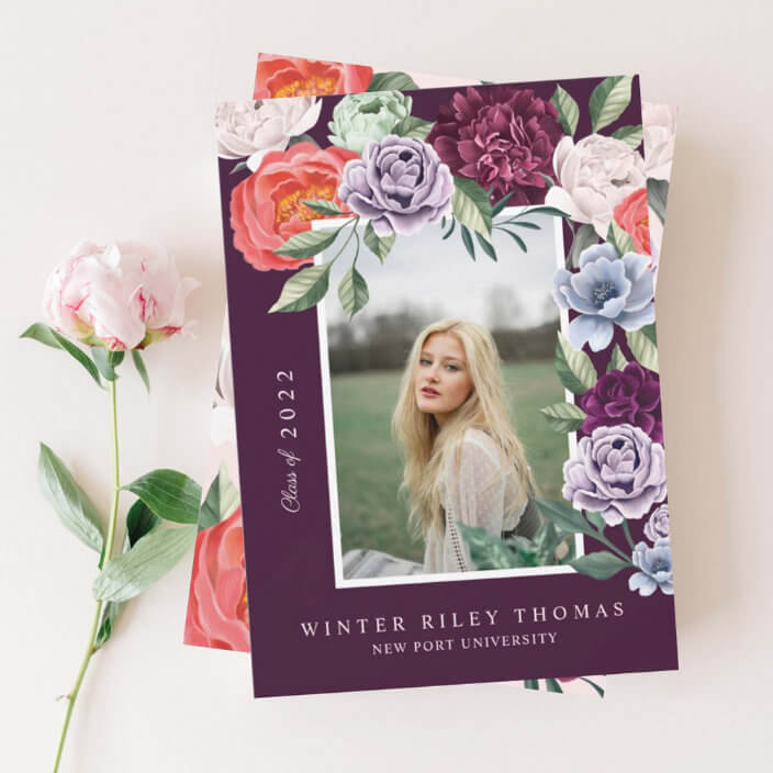 Chic Floral Peonies Rose Blossoms Graduation Photo Burgundy Announcement
