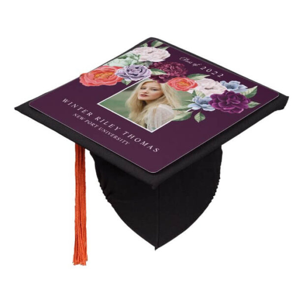 Chic Floral Peonies Rose Blossoms Graduation Photo Graduation Purple Cap Topper