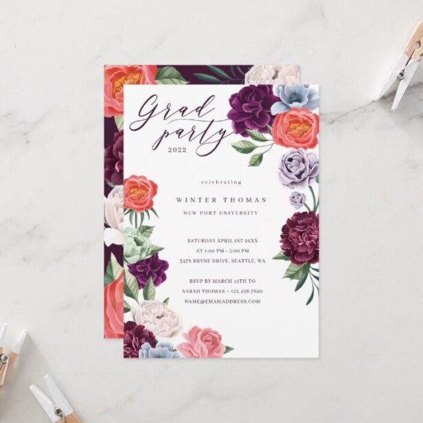Chic Floral Peonies Rose Blossoms Graduation White Party Invitation