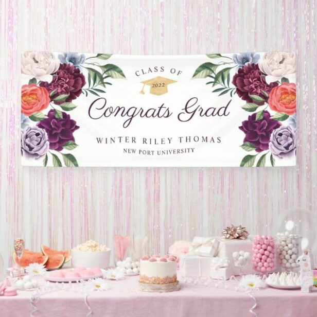 Chic Peonies Rose Floral Graduate Graduation Party White Banner