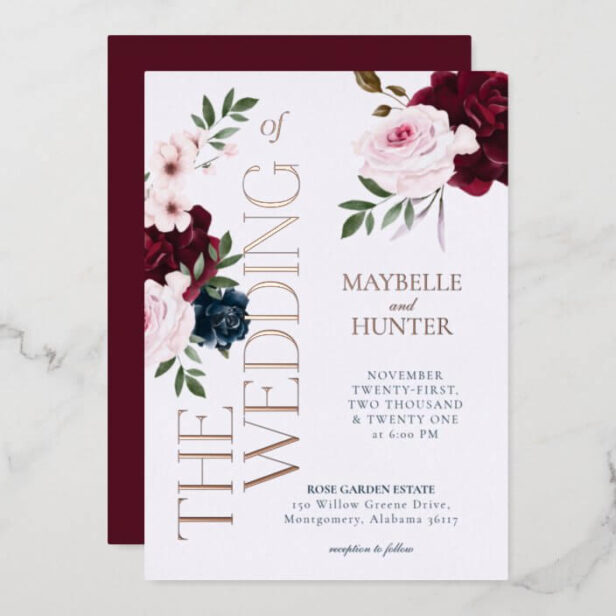 Classy Bold Burgundy & Navy Watercolor Florals Foil Invitation