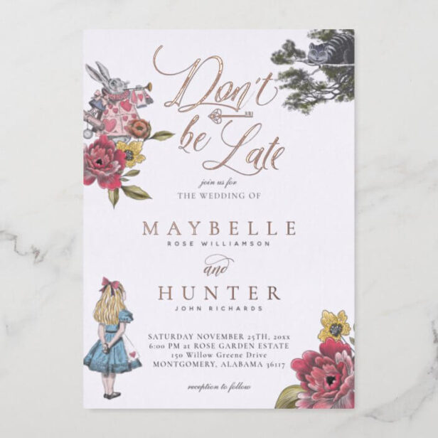 Don't Be Late Vintage Alice In Wonderland Wedding Foil Invitation