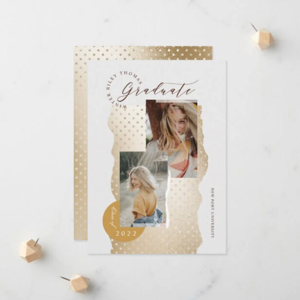 Elegant Abstract Gold Polka Dot Graduate Two Photo Announcement