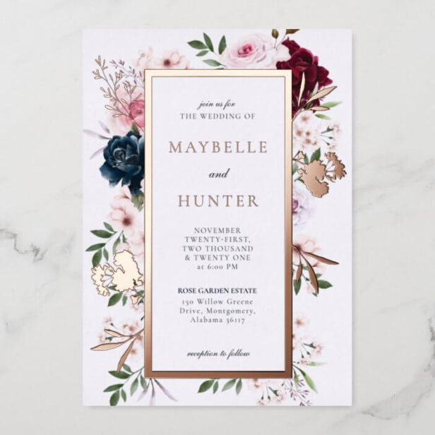 Elegant Burgundy & Navy Watercolor Floral Frame Foil Invitation