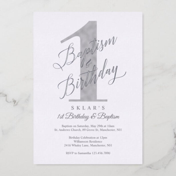 Elegant Script Silver Baby 1st Birthday & Baptism Foil Invitation