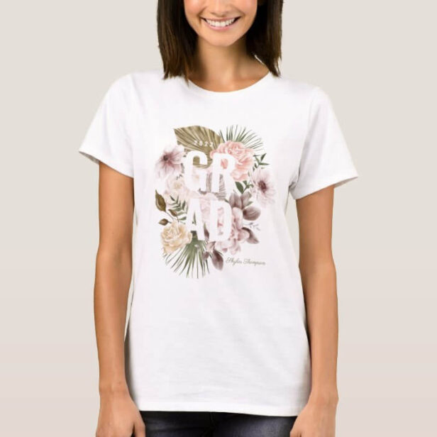 Chic Floral Peonies Rose Blossoms Graduation White T-Shirt