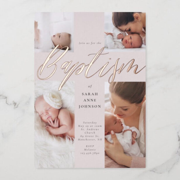 Gold Calligraphy Photo Collage Baby Baptism Cross Rose Gold Foil Invitation