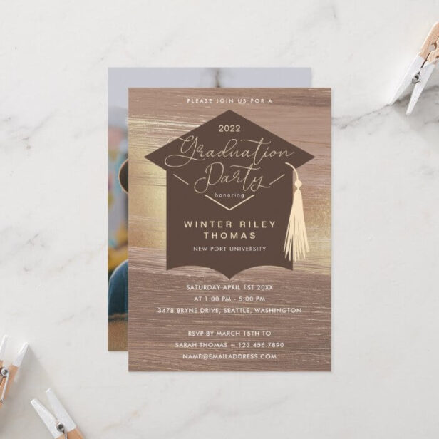 Grad Party Elegant Watercolor Brown & Gold Grad Cap Grad Photo Invitation