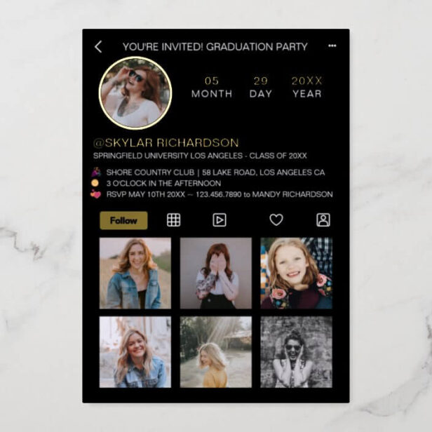 Graduate Fun Instagram Social Media Grad Party Gold Foil Invitation