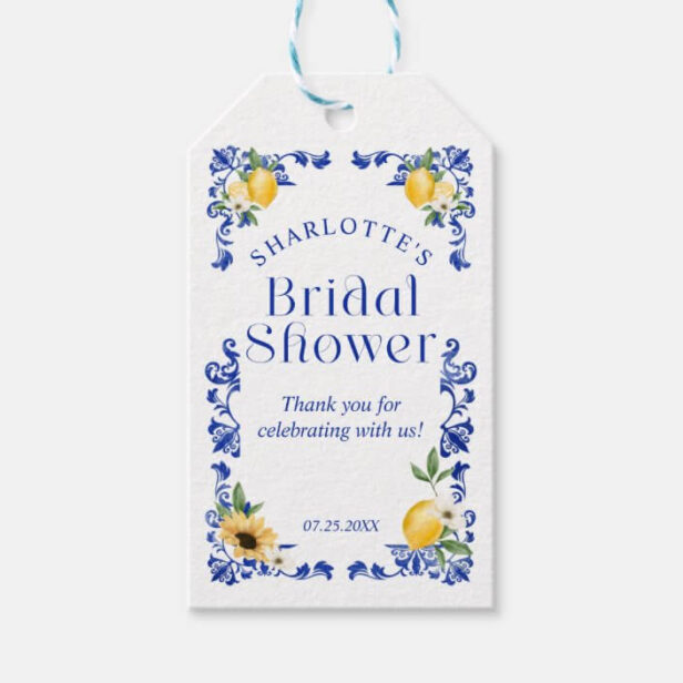 Lemon Blue Pottery Pattern Bridal Shower Thank You Gift Tags