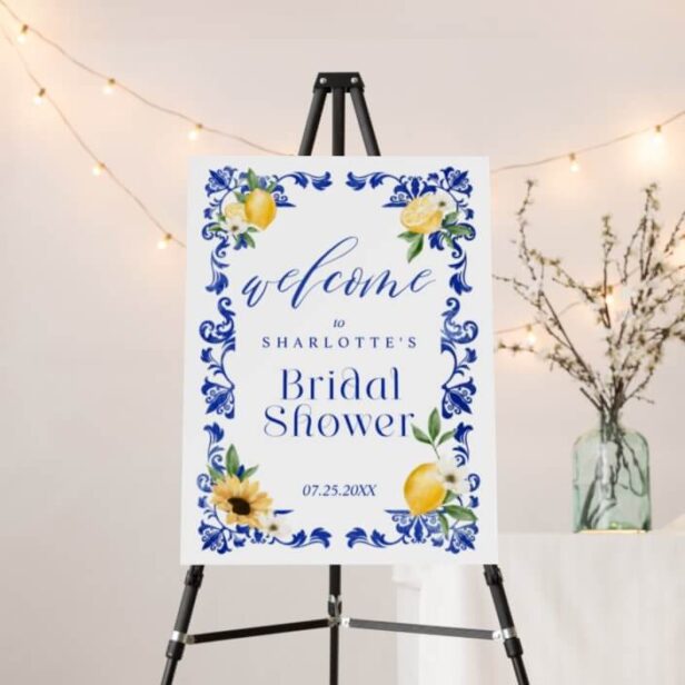 Lemon & Blue Pottery Pattern Bridal Shower Welcome Foam Board