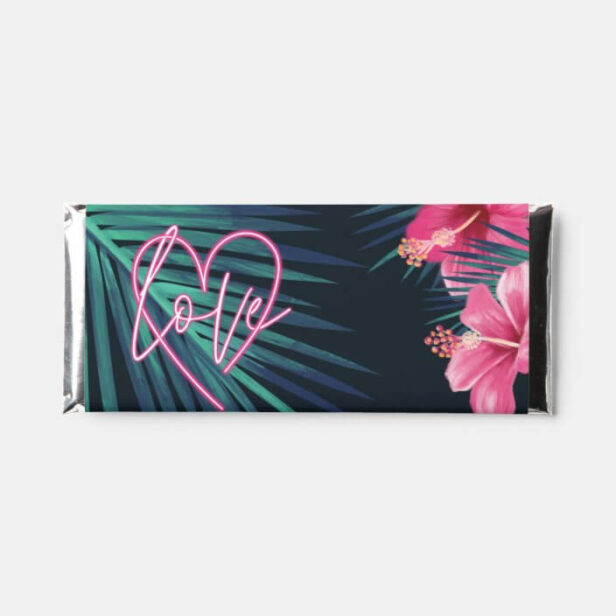 Love & Thanks Neon Pink Heart & Tropical Palm Leaf Hershey Bar Favors