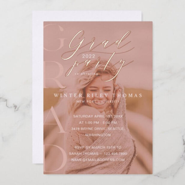 Minimal Photo Grad Party Modern Calligraphy Pink Rose Gold Foil Invitation