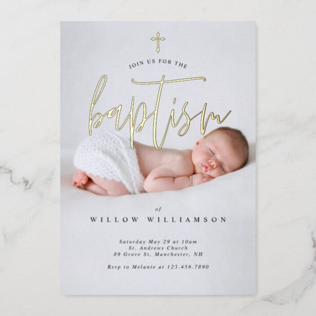 Modern Minimal Gold Calligraphy Baby Photo Baptism Foil Invitation