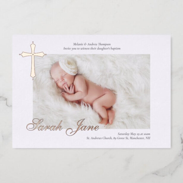 Modern Minimal Gold Cross Baby Photo Baptism Foil Invitation