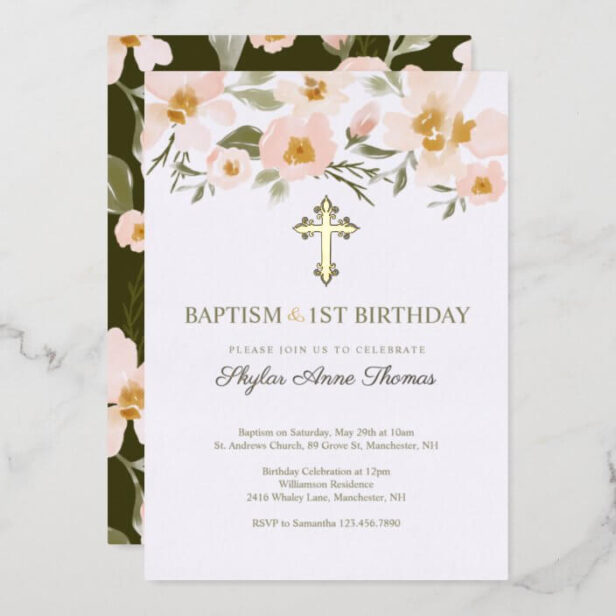 Baptism & 1St Birthday Elegant Watercolor Florals Gold Foil Invitation