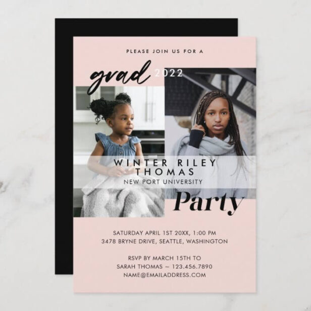 Modern Pink Then & Now Two Photo Graduation Party Invitation