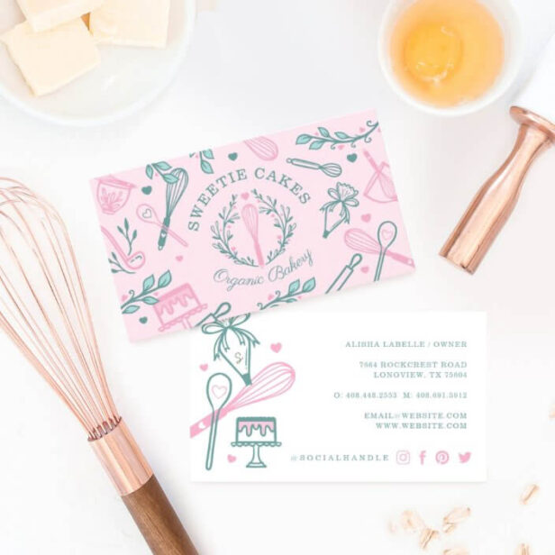 Pink & Teal Baking & Cooking Utensil Bakery Business Card