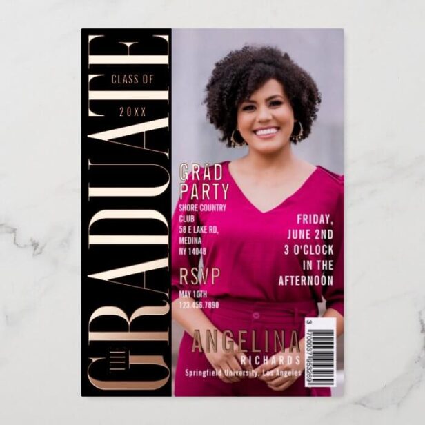 The Graduate Fun Trendy Magazine Cover Grad Party Rose Gold Foil On Black Invitation