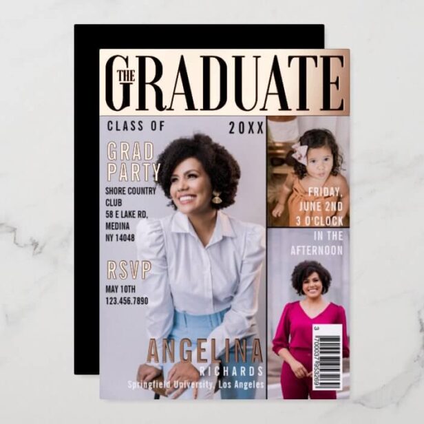 The Graduate Trendy Magazine Cover 3 Photo Grad Rose Gold Foil Invitation