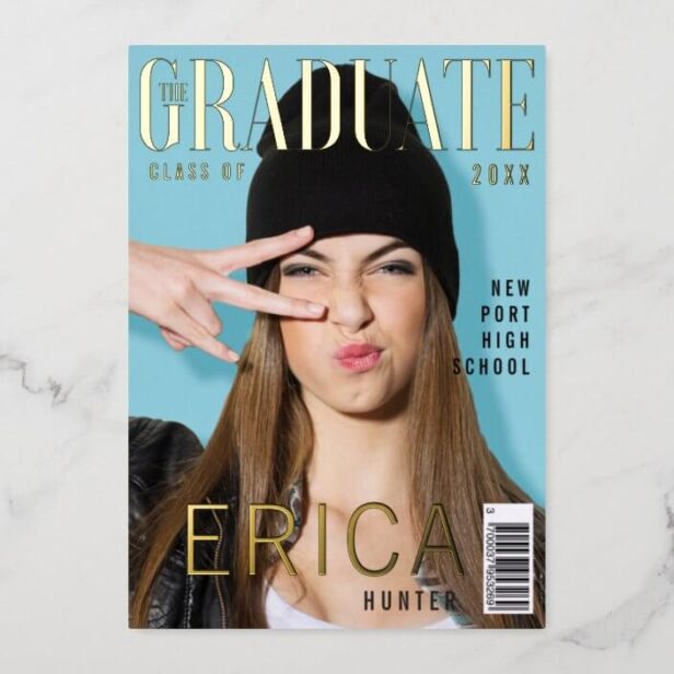 Trendy Fun Graduate Magazine Cover Inspired Grad Gold Foil Invitation