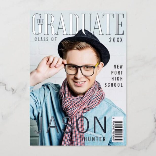Trendy Fun Graduate Magazine Cover Inspired Grad Silver Foil Invitation