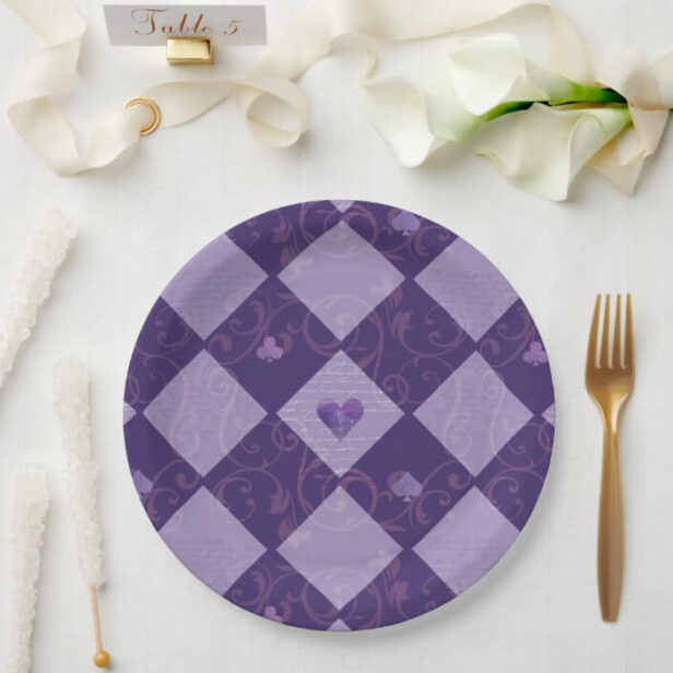 Vintage Violet Checkerboard & Playing Card Suits Paper Plates
