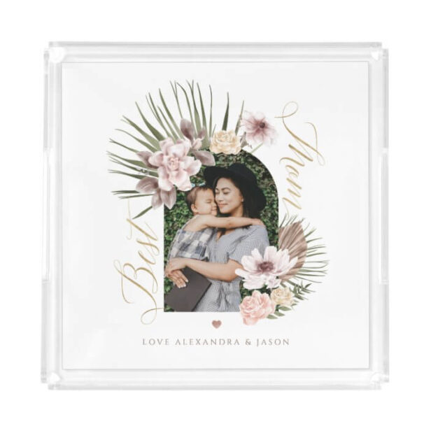 Best Mom Modern Bohemian Watercolor Florals Photo White Acrylic Tray