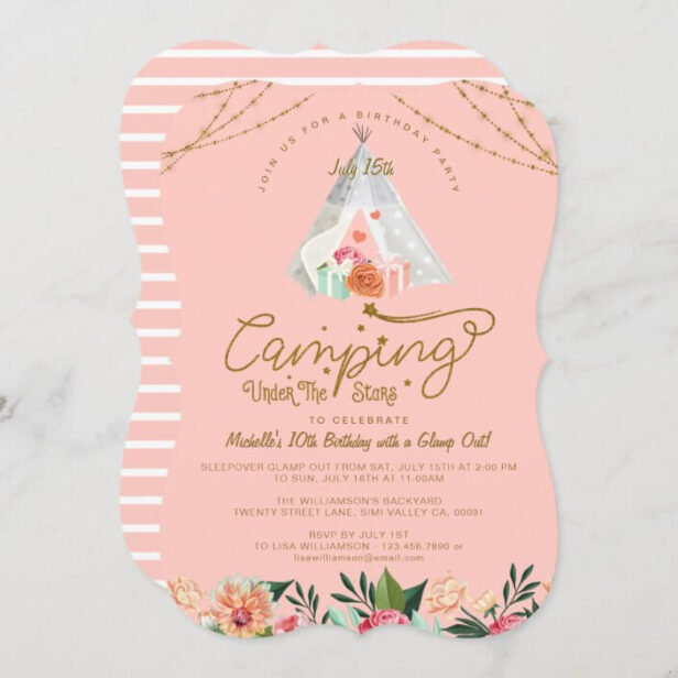 Camping Under the Stars Tepee Pink & Gold Camping Invitation