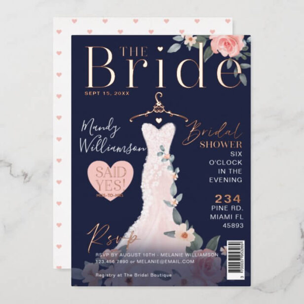 Floral Wedding Dress Bridal Shower Magazine Cover Foil Invitation