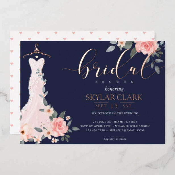 Floral Wedding Dress Navy Bridal Shower Foil Invitation