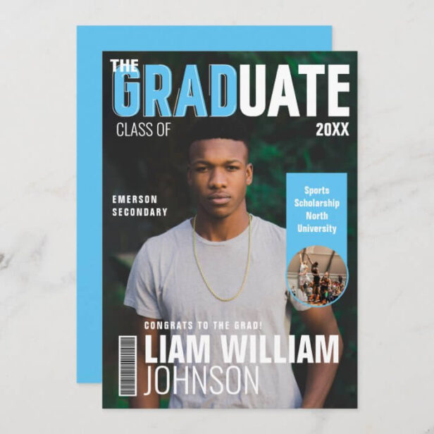 Graduate Bold Custom Grad Photo Magazine Cover Blue Announcement