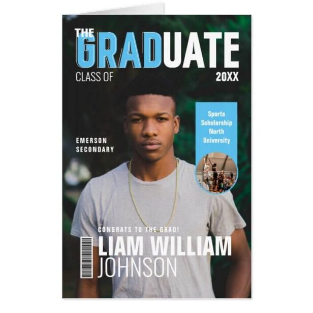 Graduate Bold Custom Grad Photo Magazine Cover Blue Card