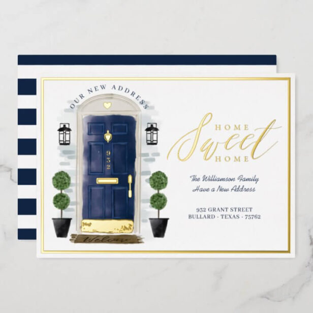 Home Sweet Home - We've Moved Blue Watercolor Door Gold Foil Invitation