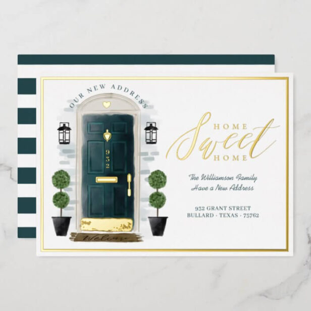 Home Sweet Home We've Moved Green Watercolor Door Gold Foil Invitation