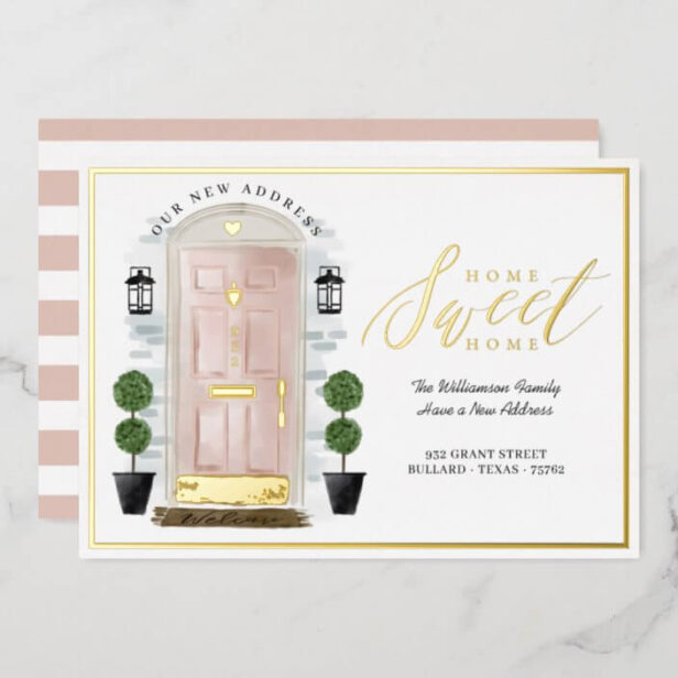 Home Sweet Home - We've Moved Pink Watercolor Door Gold Foil Invitation