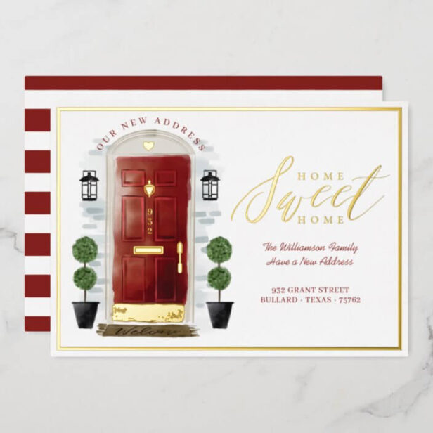 Home Sweet Home - We've Moved Red Watercolor Door Gold Foil Invitation
