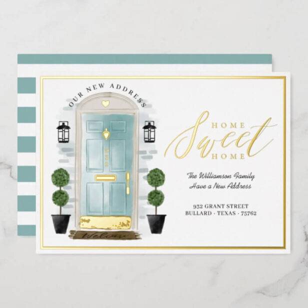 Home Sweet Home - We've Moved Teal Watercolor Door Gold Foil Invitation