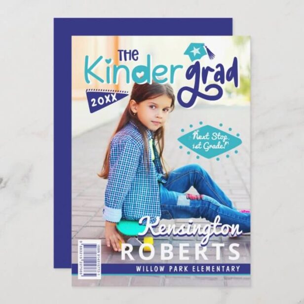 Kinder Grad Fun Kindergarten Photo Magazine Cover Blue Announcement