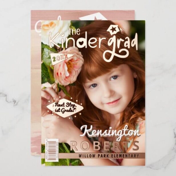 Fun Kindergarten Photo Magazine Cover Grad Party Rose Gold Foil Invitation