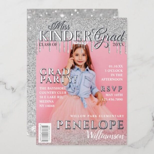 Miss Kinder Grad Glitter Drip Photo Magazine Cover Silver Foil Invitation
