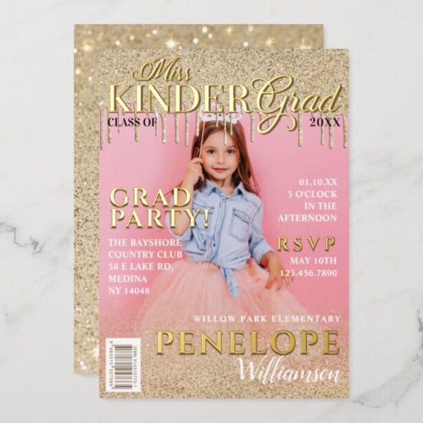 Miss Kinder Grad Gold Glitter Drip Magazine Cover Gold Foil Invitation