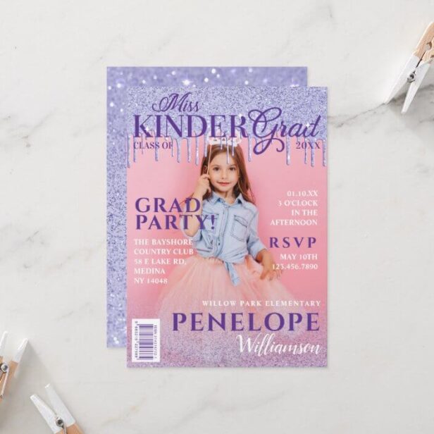 Miss Kinder Grad Purple Glitter Drip Photo Magazine Cover Invitation
