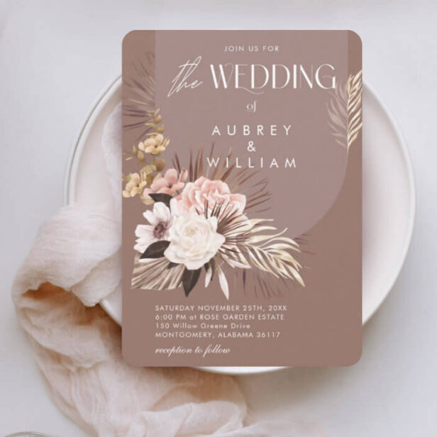 Modern Chic Bohemian Watercolor Floral Brown Wedding Invitation
