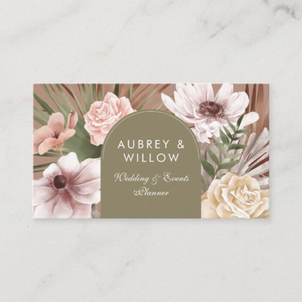 Modern Chic Bohemian Watercolor Floral Green Business Card