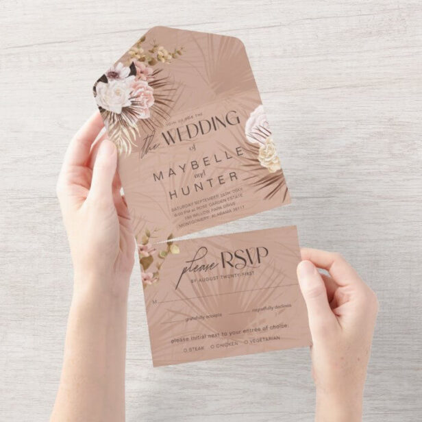Modern Chic Bohemian Watercolor Floral Wedding Brown All In One Invitation
